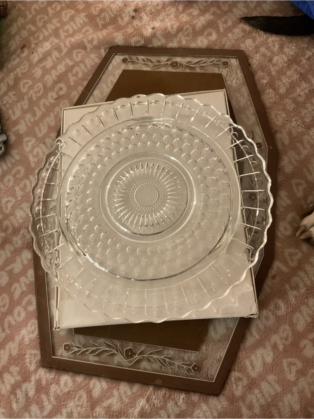 Vintage Federal Glass Co Footed Cake Plate Clear Dots Panels Sunburst 11 1/2"